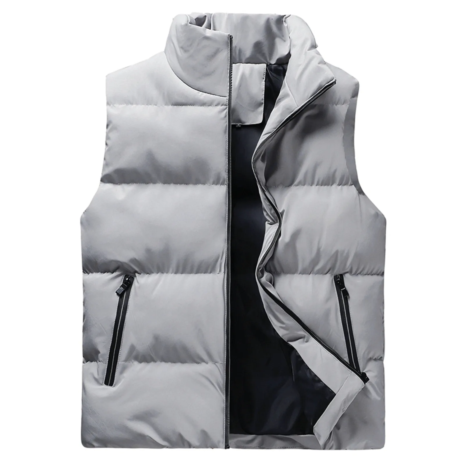 Men's Autumn and Winter Vest Jacket Pure Colour Zip Pocket Warm Thickened Vest Lightweight Sleeveless Collar Fashion Vest Jacket