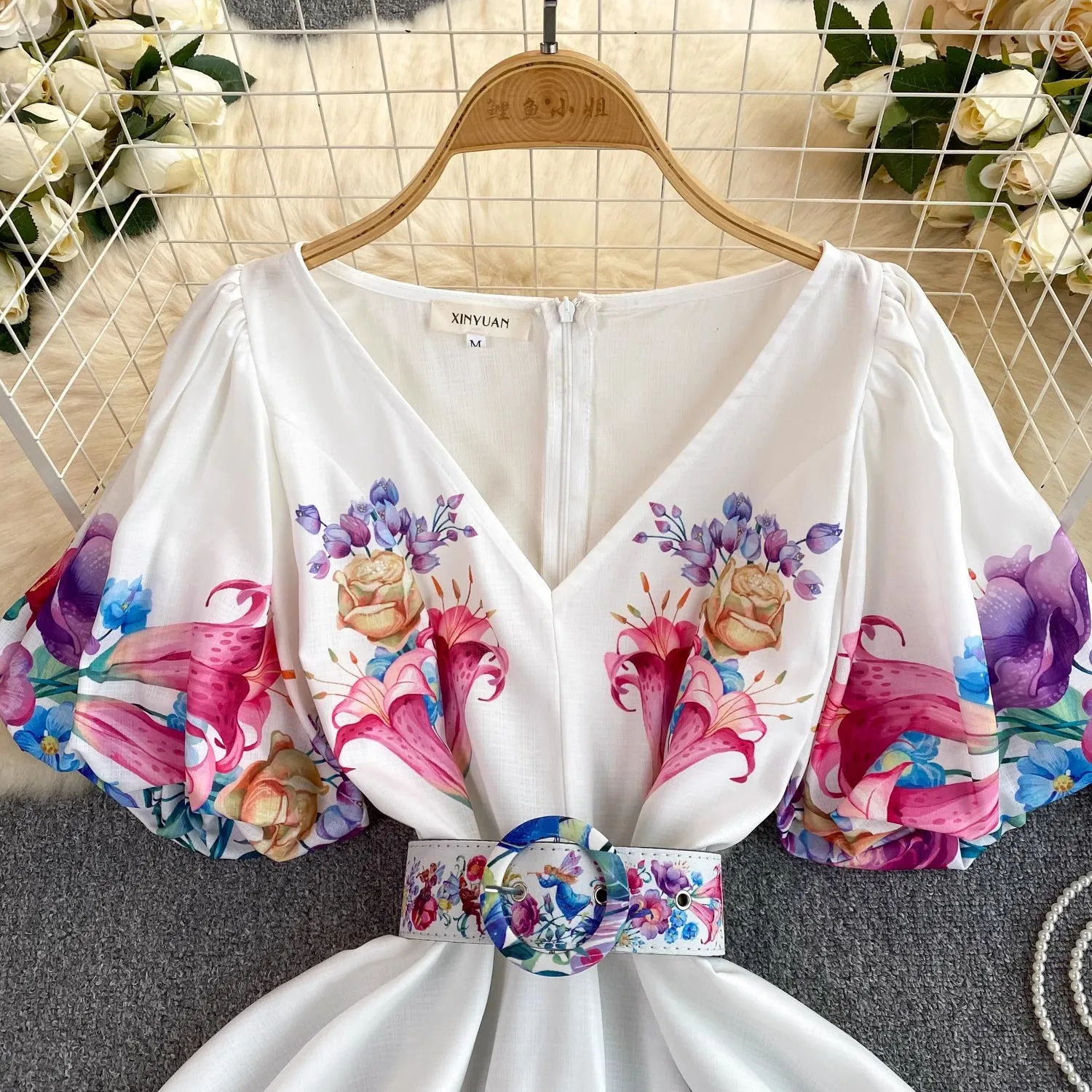 Summer Bohemian Flower Short Dress Women V-Neck Puff Sleeve Floral Print High Waist A-Line Belt Holiday Boho Mini Vestidos 2059