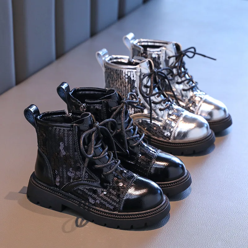 Autumn Children High-top Boots Girls Bling Sequin Design Leather Boots Princess Silver Fashion Boots