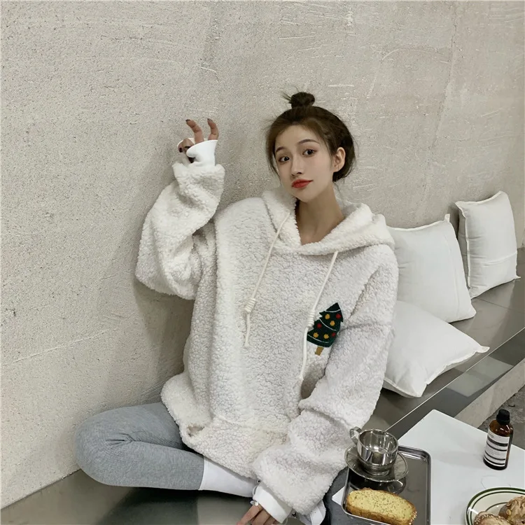 Women Clothing 2022 Autumn Winter Wool Lamb Christmas Hoodie New Fashion Velvet Embroidery Korean Style Loose Winter Clothes