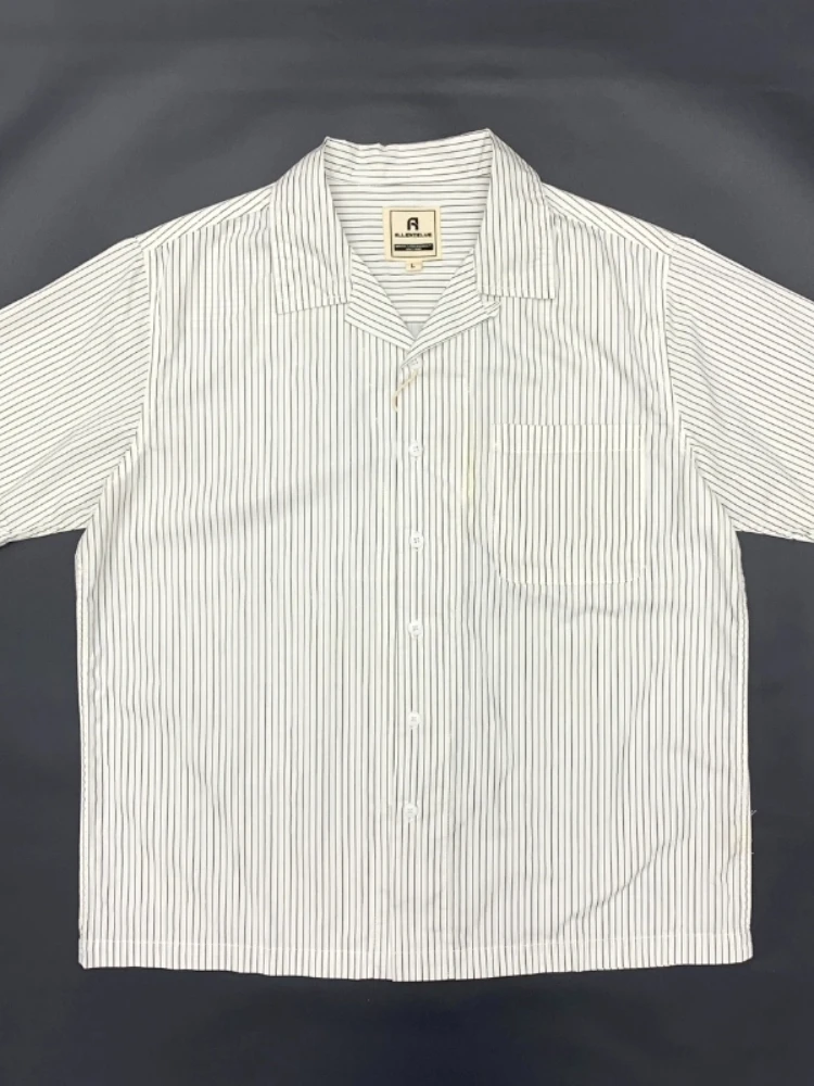 2025年夏新作 日本風レトロ半袖キューバカラーストライプシャツ メンズ ハイストリート 100%綿 ウォッシュド カジュアル ルーズブラウス