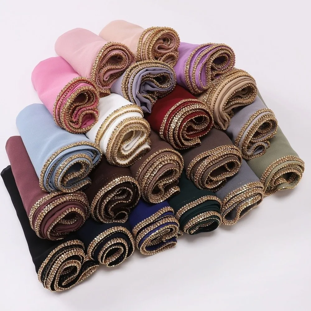 Versatile Elegant Silk Scarf Shining Diamond Border Design Chiffon Hijab Veil Soft Breathable Sunscreen Shawl Women Headwear