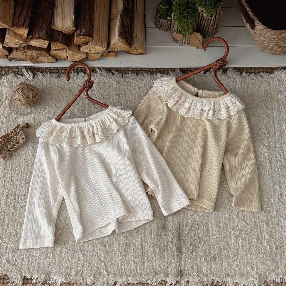2026 Autumn New Baby Girl Double Layer Lace Collar Bottoming Shirts Infant Long Sleeve Ribbed Tops Cotton Toddler Clothes
