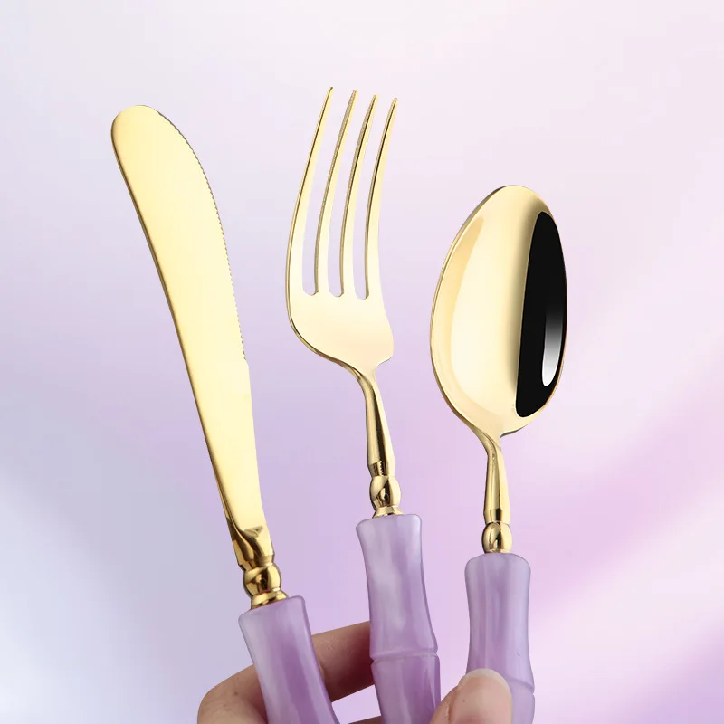 Set Peralatan Makan Baja Tahan Karat Ungu Emas Peralatan Makan Cantik Akrilik Sendok Hadiah Liburan Mewah Garpu Pisau Aksesori Dapur