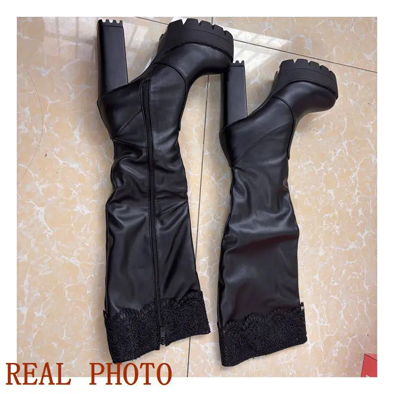 ORCHA LISA 2025 Sexy Women Knee High Boots Round Toe Chunky Heels 11.5cm Platform 3.5cm Zipper Plus Size 48 49 50 Party Booties