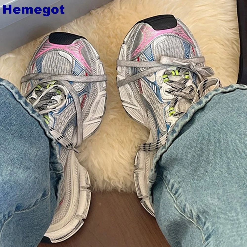 Patchwork Mesh Street Style Sneakers 2024 Summer Retro Round Toe Lace-Up Sports Casual Shoes Thick Sole Comfort Women Shoes