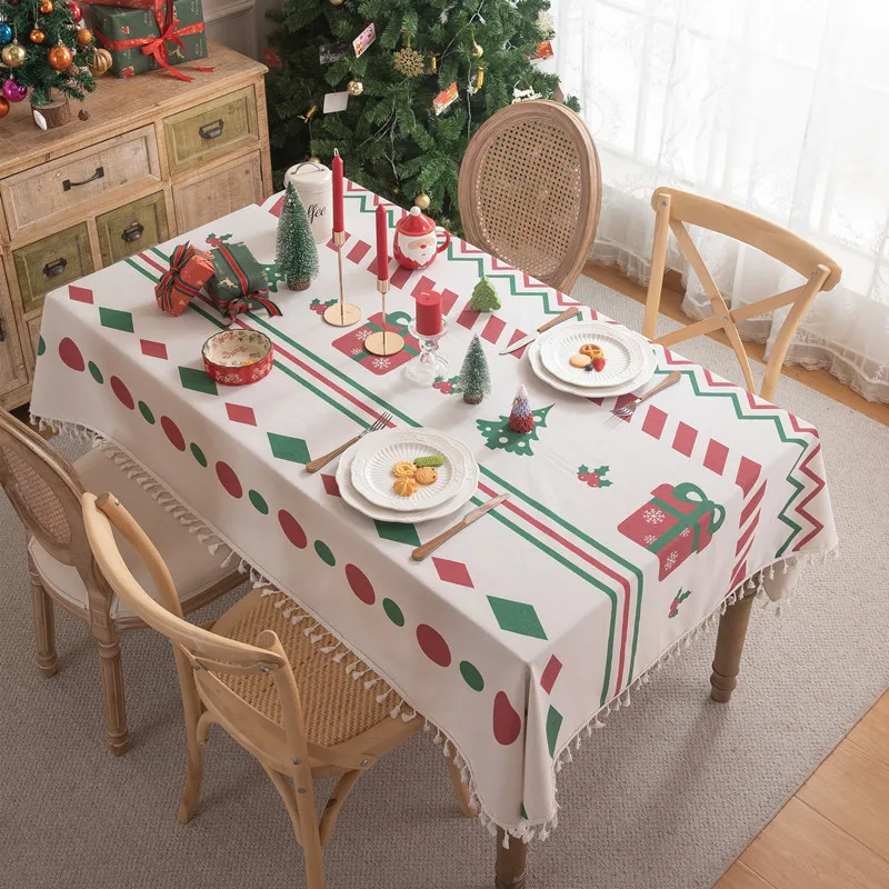 Christmas Cotton Polyester Tablecloths Christmas Theme Printed Tassel Geometric Flower Rectangular Tablecloth Coffee Table Cloth