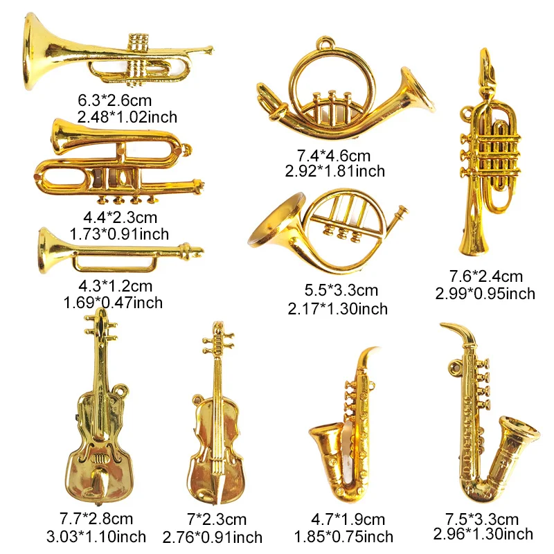 5/7/13pcs Golden Mini Instrument Ornaments Brass Trumpet Violin Saxophone Figurines for Xmas Tree Hanging Decor Party Favors TMZ