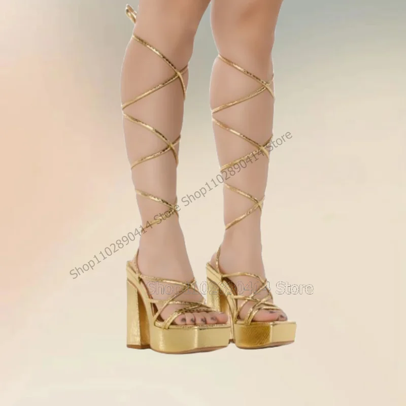 Gouden Open Teen Lychee Print Platform Touwsandalen Veterschoenen Damesschoenen Dikke Hoge Hakken Mode Zomer 2023 Zapatos Para Mujere