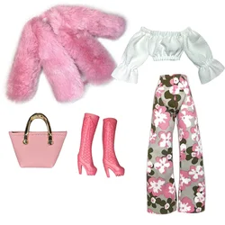 Rosa Winter Pelzmantel Jacke mit Blumen hose Set für Barbi Puppe Kleidung Outfits Mantel für bjd Puppen Zubehör Spielzeug