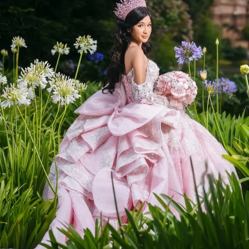 

Shiny Pink Quinceanera Dress off-shoulder Lace flower decal Long tail multiple bows vestidos de 15 Quinceanera ﻿Customize