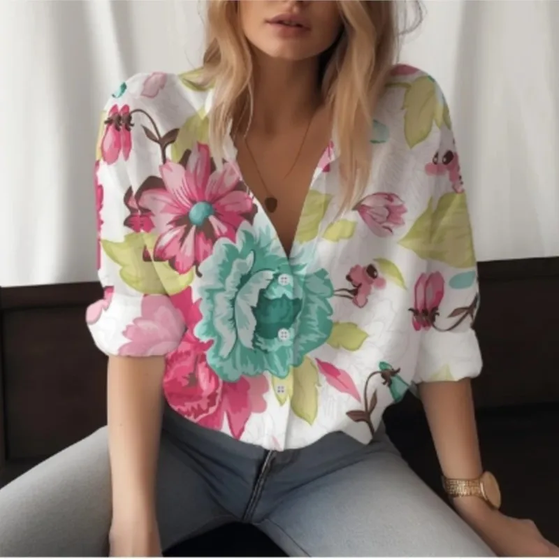 New long sleeved shirt with women\'s lapel buttons and floral print pattern fashionable street style shirt comfortable women\'stop