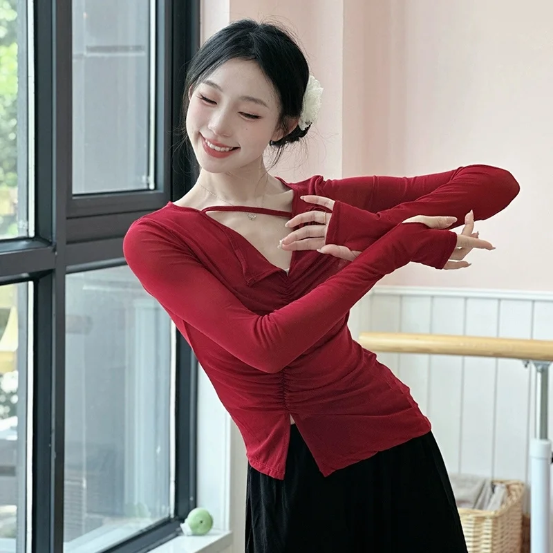 Classical Dance Practice Suit Red Long Sleeve Mesh Skirt Women's New Style Adult Dance Top Elegant Drifting Dance Shirt