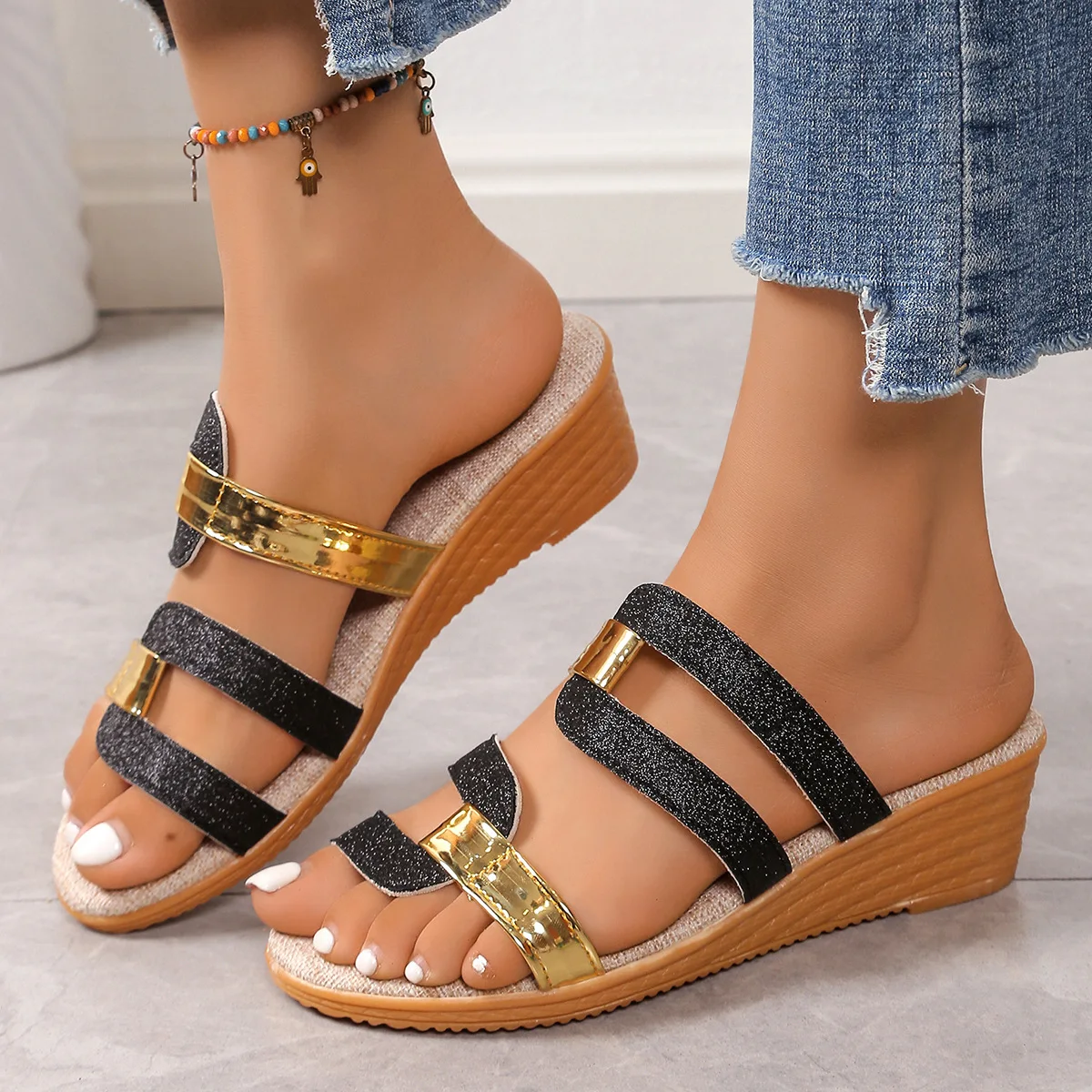 

Plus Size Shoes for Women 35-43 Summer Fashion Platform Wedges Slip on Slippers Peep Toe Comfortable Non-slip Sandals