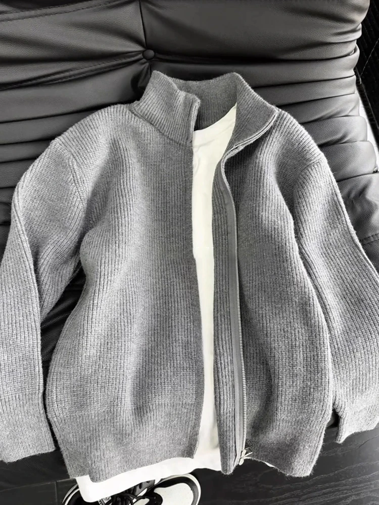 

Ay Вязаный мужской кардиган на молнии Jaet, осенний высококачественный воротник-стойка Lazy Sle, мягкое полиэфирное волокно, длинный свеч Sw...