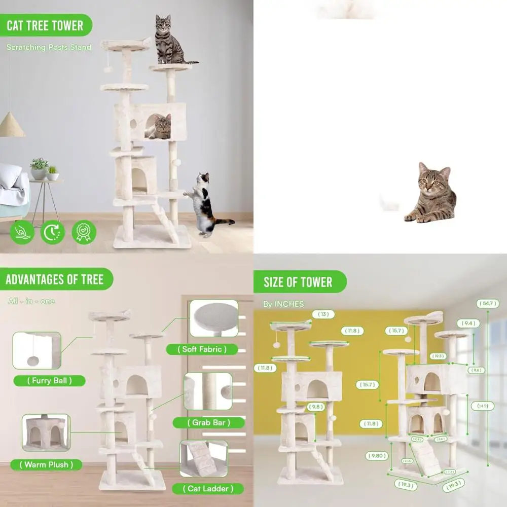 

Многоуровневый кошачий дерево-игровой комплекс (54 элемента) для дома с мячиком и стойками для когтей, для взрослых кошек и котят, бежевый