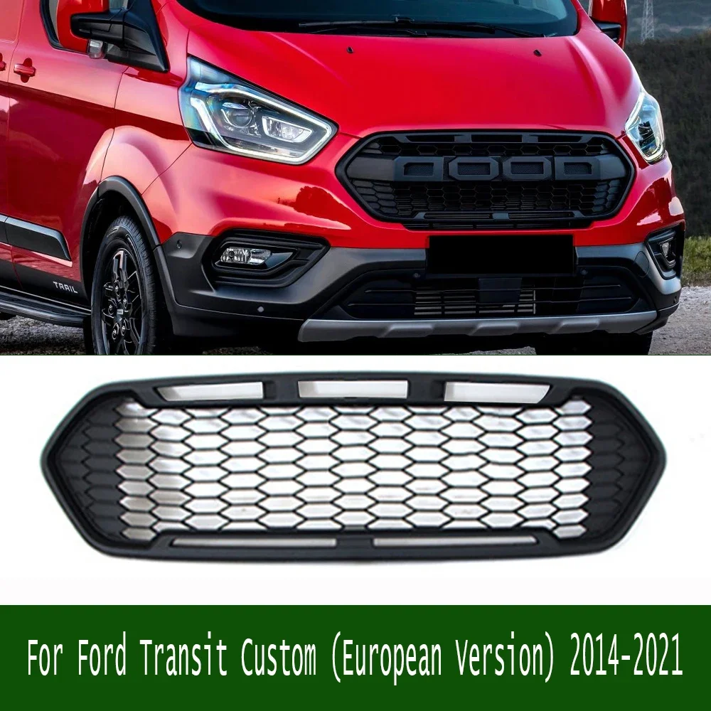

For Ford Transit Custom (European Version) 2014-2021 Car ABS Black Or Grey W/LED Light Front Mesh Grill Mask Bumper Grille Fit