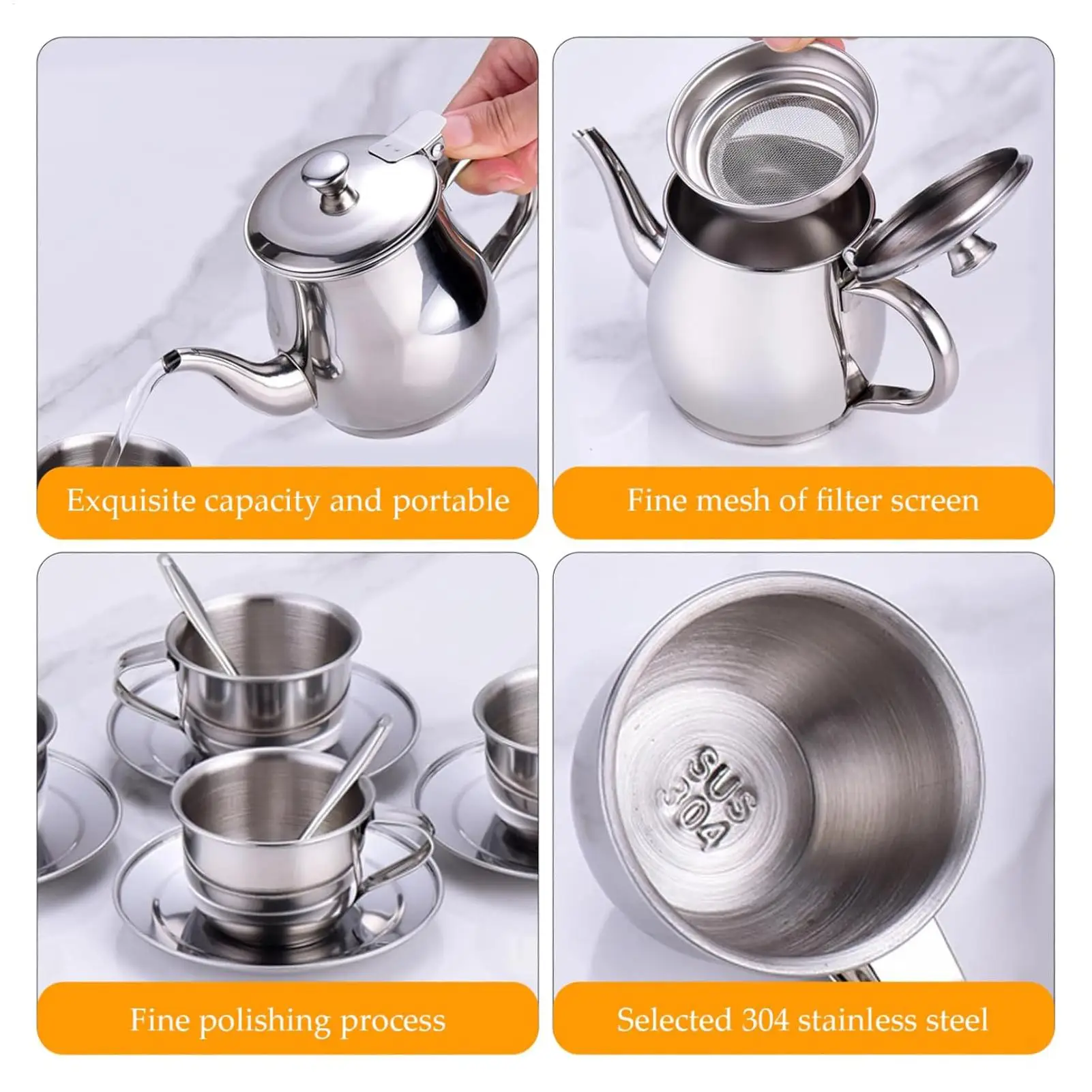 Tea Party Set Stainless Steel Teapot Kit Long Spout Teapot With A Filter Heat Resistant Safe Teapot Cups Kids Preschool Learning
