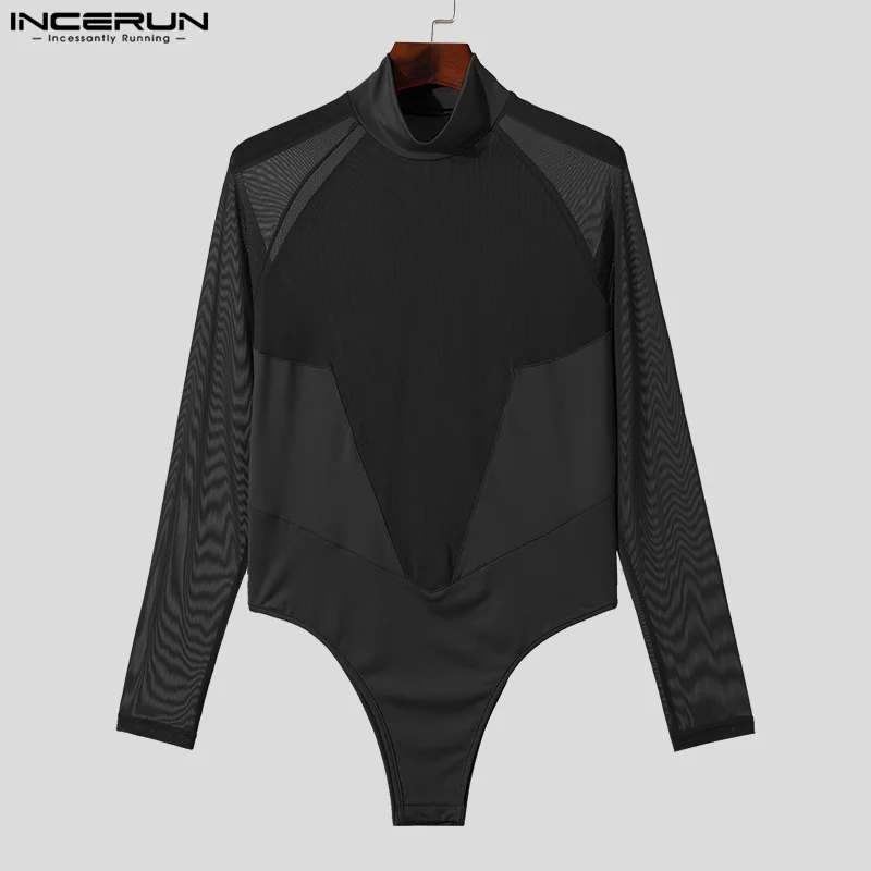 INCERUN 2023 Sexy Mens Homewear Mesh Splicing Perspective Jumpsuits Fashion Half High Neck Triangle Long Sleeved Bodysuits S-5XL