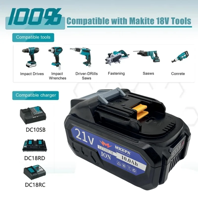 21 В 5S2P 10000 мАч 21700 для Makita 18V BL1830 литий-ионный аккумулятор для электроинструмента 21 В BL1860 BL1850 BL1860B BL1840