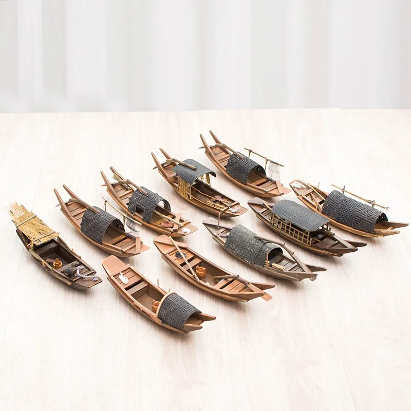 Handmade Retro Wooden Boat Model Black-Awning Fishing Boat Miniature Home Decor Craft Ornament