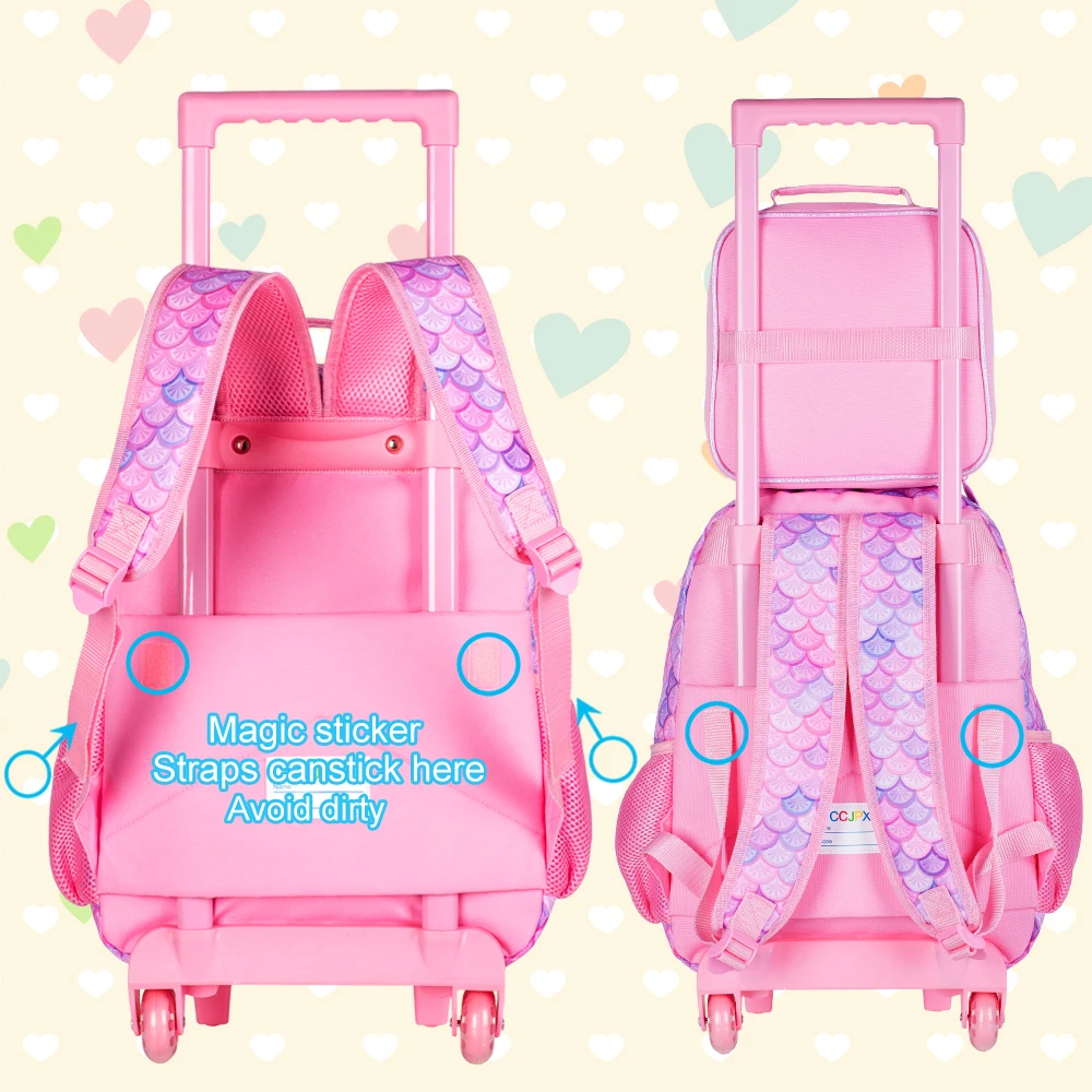 3PCS Rolling Backpack for Boys, Kids Roller Wheels Bookbag, Wheeled School Bag with Lunch Bag - Mermaid Pink