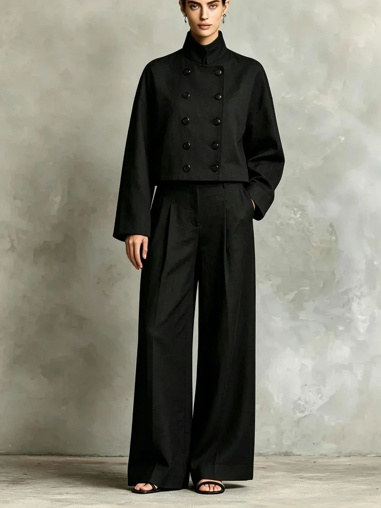 2026 Autumn New Miyake Pleated Sets Double Breasted Suit Jacket+Pants Two Piece Sweet Fashion Slim Casual Temperamen Free Size