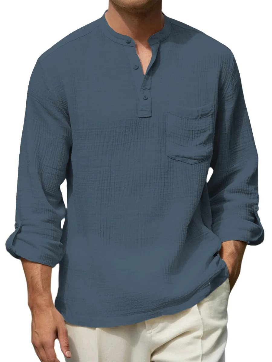 Men's casual stand up collar shirt long sleeved button up top