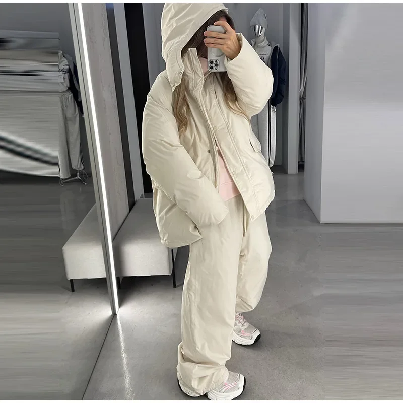 Damen-Winterhosen-Sets, Kapuzenjacken mit langen Ärmeln und Reißverschluss, übergroße, wattierte Jacken, Hosen mit weitem Bein, Herbst-Outfits für Damen, einfarbig, locker geschnitten. – Detail 6