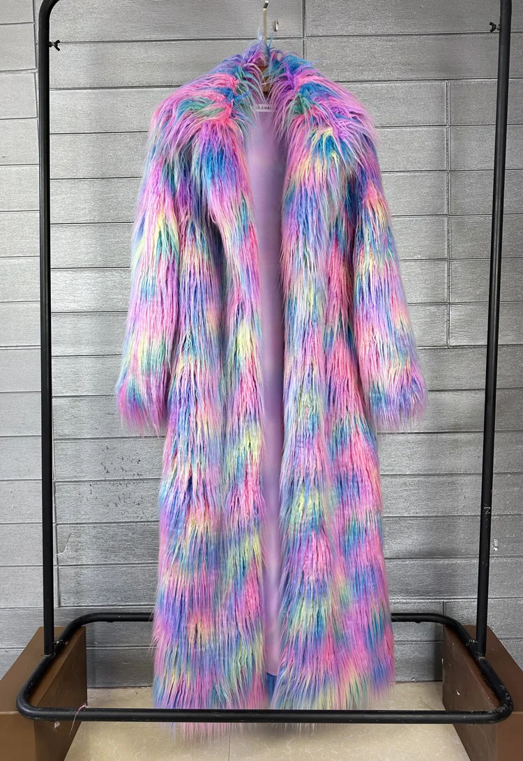 DEAT 2026 Winter New Items Imitation Colorful Long Coat For Women Faux Fur Suit Collar Long Sleeve Trench Jacket Female 11A05577