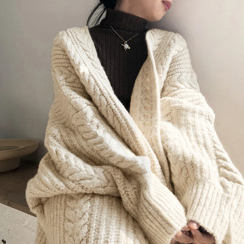 Chique herfst winter losse verdikte warme lange gebreide open vest trui dames Faion V-ne button-up casual bovenkleding