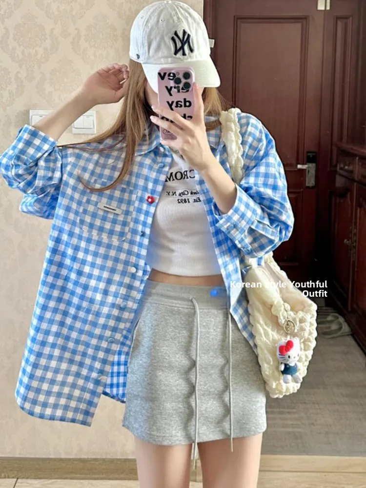 

Retro Korean Sle Blue Plaid Oversize irt Women's Spring Summer Long Sve Color Button Design Loose Sun Protection Top