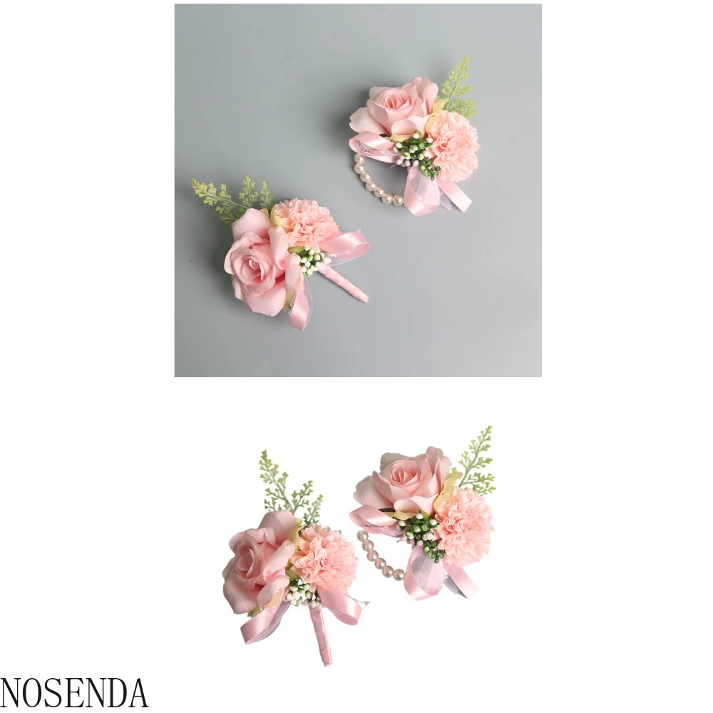Pearl Wrist Corsage for Bridesmaid Pink Corsage Boutonniere Marriage Accessories for Groom Wedding Decoration