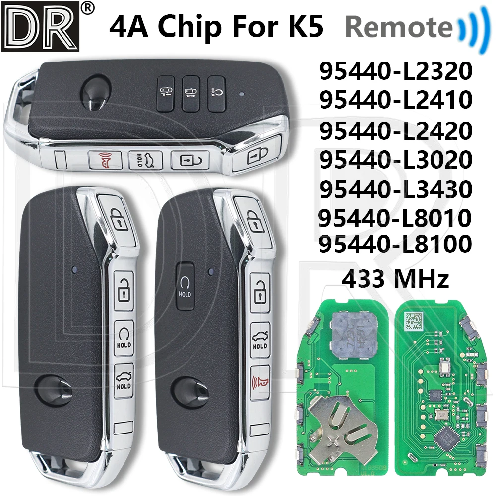 

Отличный чип 4А, 433 МГц, 95440-L2320/L2410/L2420/L3020/L3430/L8010/L8100 CQOFD00790, бесконтактный автомобильный дистанционный ключ для KIA K5 2020-2024
