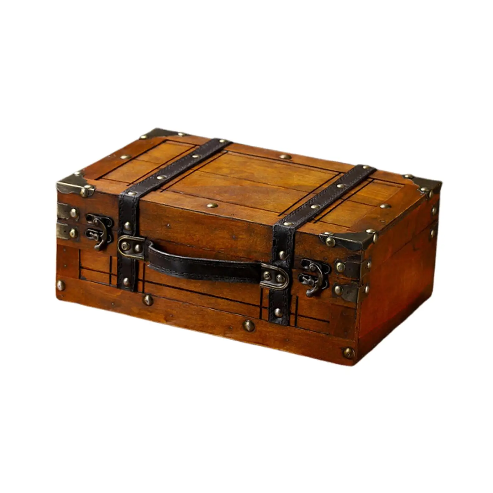 Antique Wood Suitcase Storage Box with PU Leather Handle for Office Desk Ornament Scrapbooking Embellishments Event Decor Prop