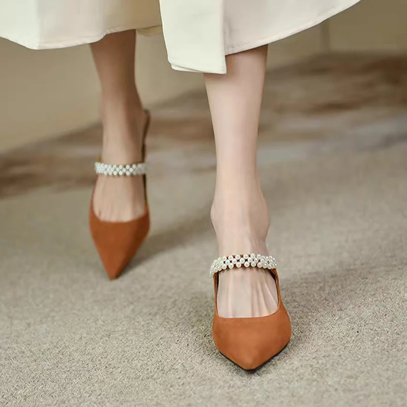 

Женские туфли-мюли с жемчугом, остроносые босоножки на высоком каблуке, летние люксовые туфли 2026 года, массивные туфли-лодочки Mujer De Sandalias