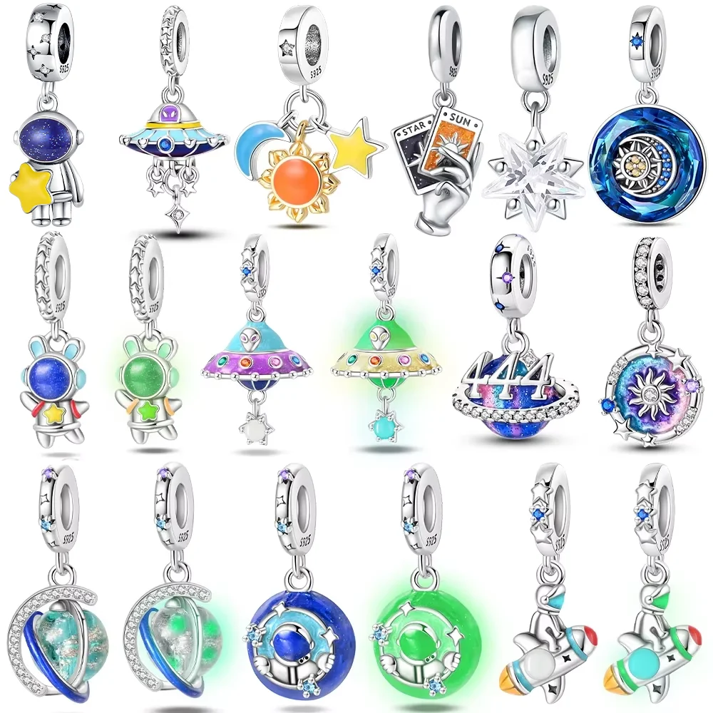Charms Original Luminous Astronaut Rocket Stars Sun String Beads Fit Bracelet 925 Sterling Silver Women Jewelry Making Diy Gift