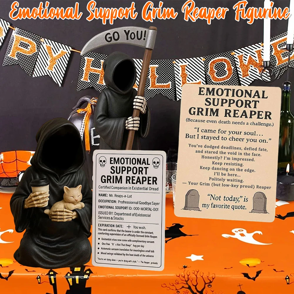 Emotional Support Grim Reaper Figurine Resin Gothic Skeleton Statue with Support Card Desktop Ornament Halloween Decorations