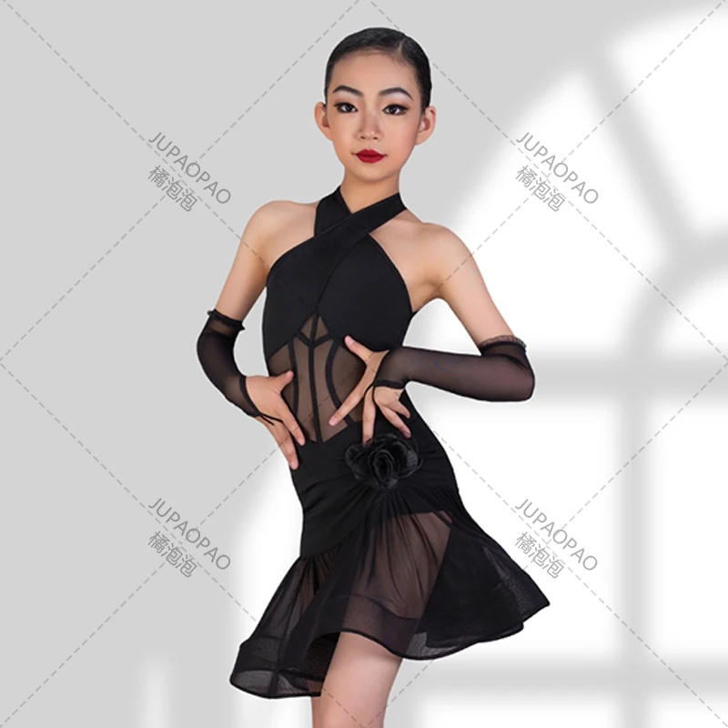 Kids Latin Dance Dress Girls Competition Clothing Halter Neck Mesh Dress Rumba Ballroom Dance Performance Dress Black