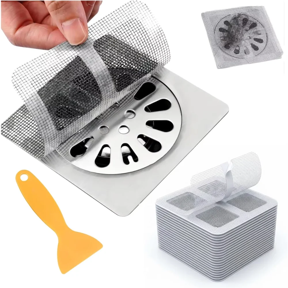 50 Pack Square Disposable Shower Drain Hair Catcher Stickers Mesh Strainer for Bathroom Bathtub Kitchen Sink Laundry Human Pet