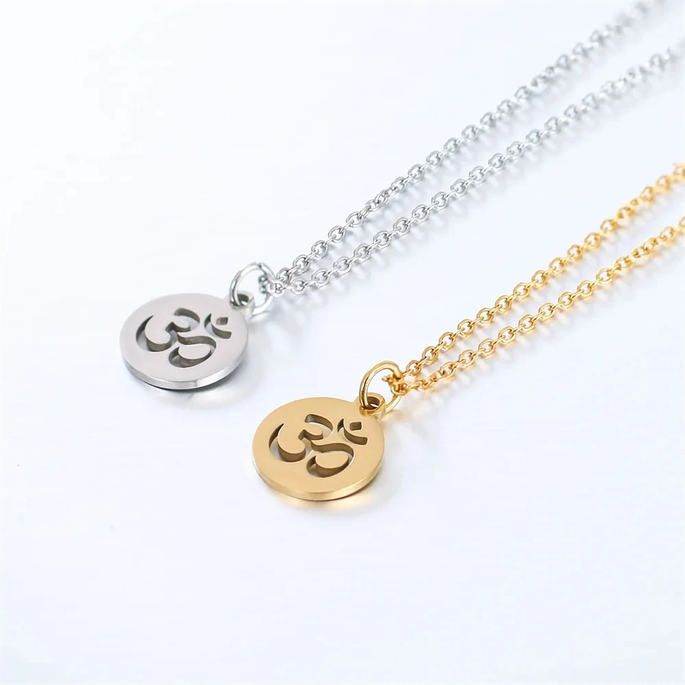 Small Yoga Pendant Gold Color Stainless Steel Indian Hindoo Hindu Buddhist OM Charm Necklace For Women Religious Jewelry Gift