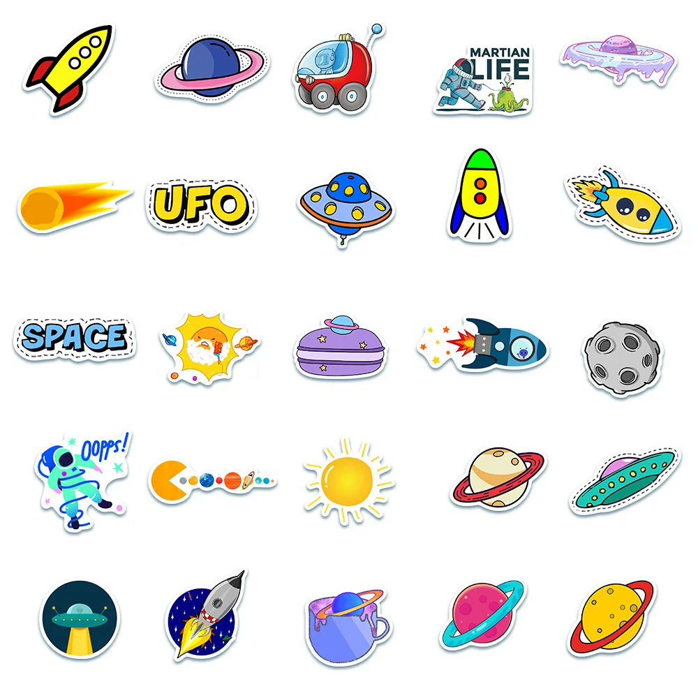 10/30/50PCS Cute Space Alien Spaceship Stickers Aesthetic DIY Water Bottle Journaling Laptop Cartoon Cool Decal Sticker for Kid