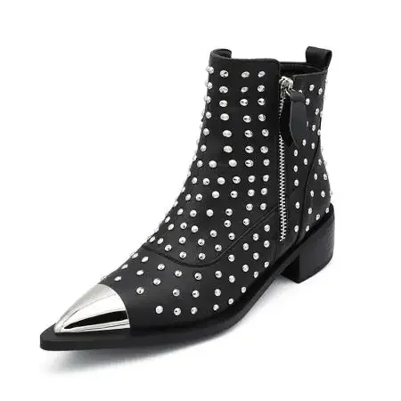 

2024Spring Fashion Pointed Toe Block Heel Boots Zipper Rivets European American Style Size 45 Low Cut Black White Women's Boots