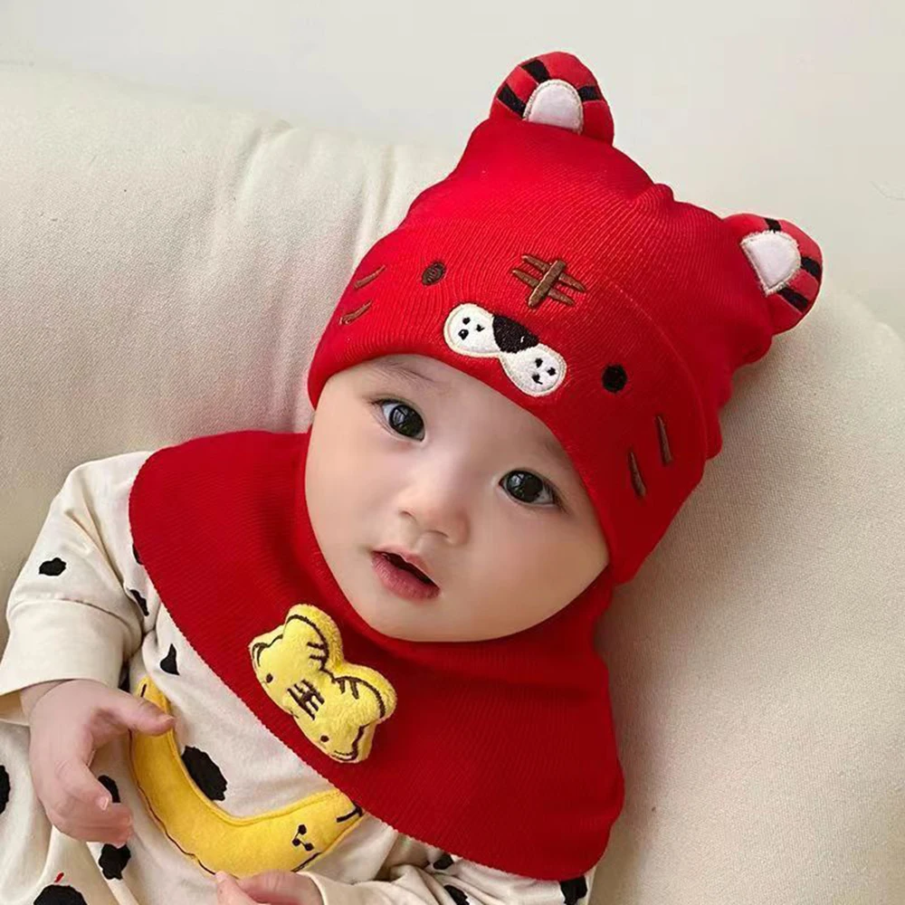 Baby Hat Scarf Two-piece Set Autumn Winter Baby Cute Tiger Woolen Beanies Hats Warm Newborn Boys Girls Caps For Kids 0-12 Month