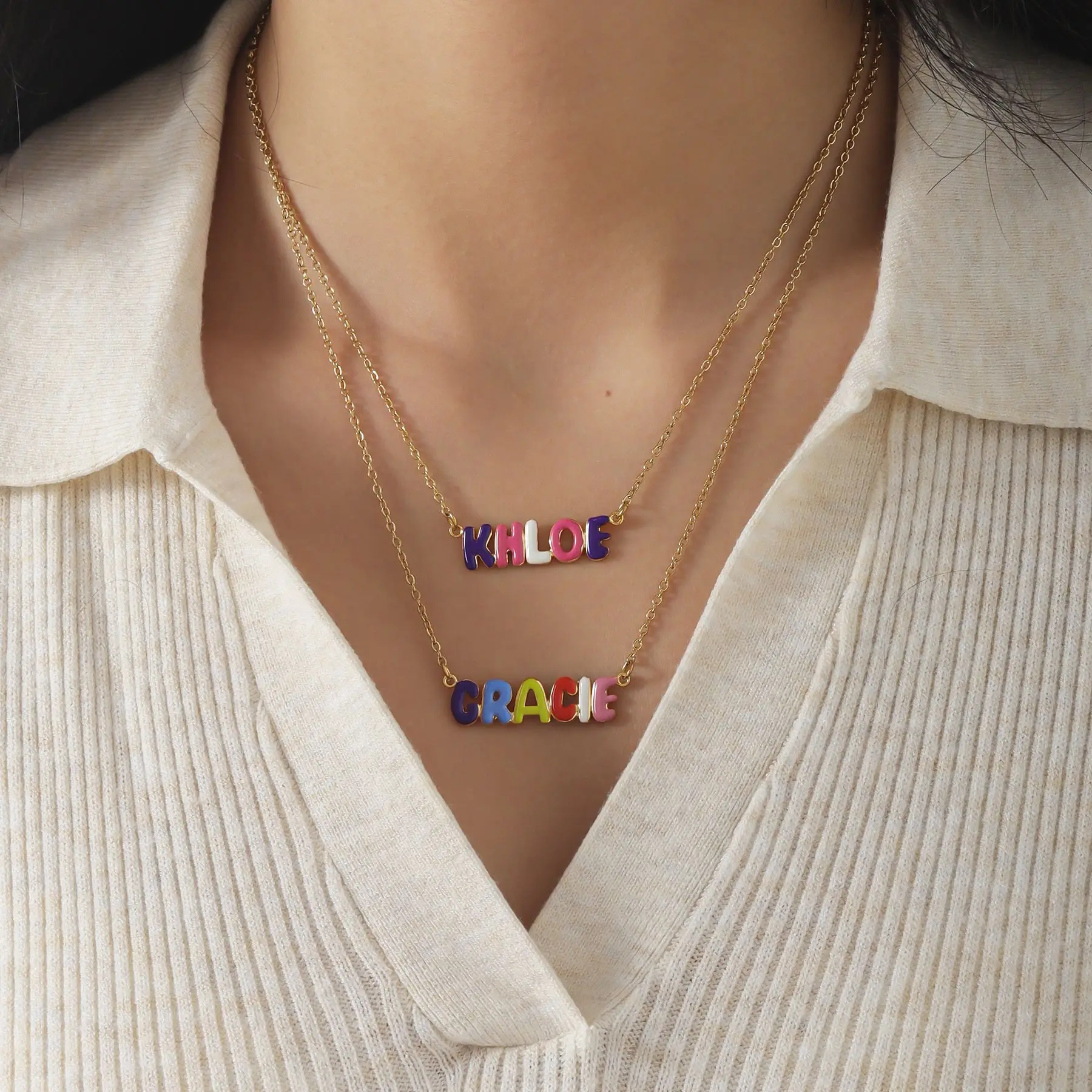 2025 Light luxury creative new product custom name necklace enamel pendant bubble letter pendant necklace gift