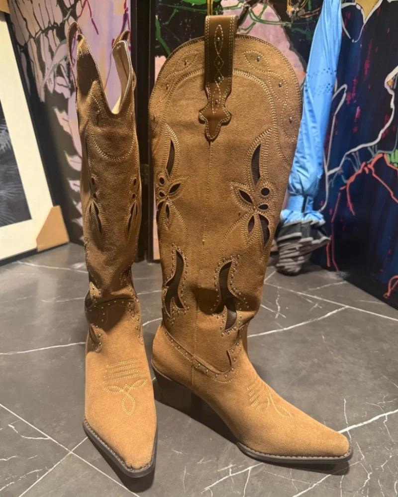 Brown suede embroidered chunky heel boots Western cowboy boots retro pointed toe 2026 Fall new in causal dress designer shoes