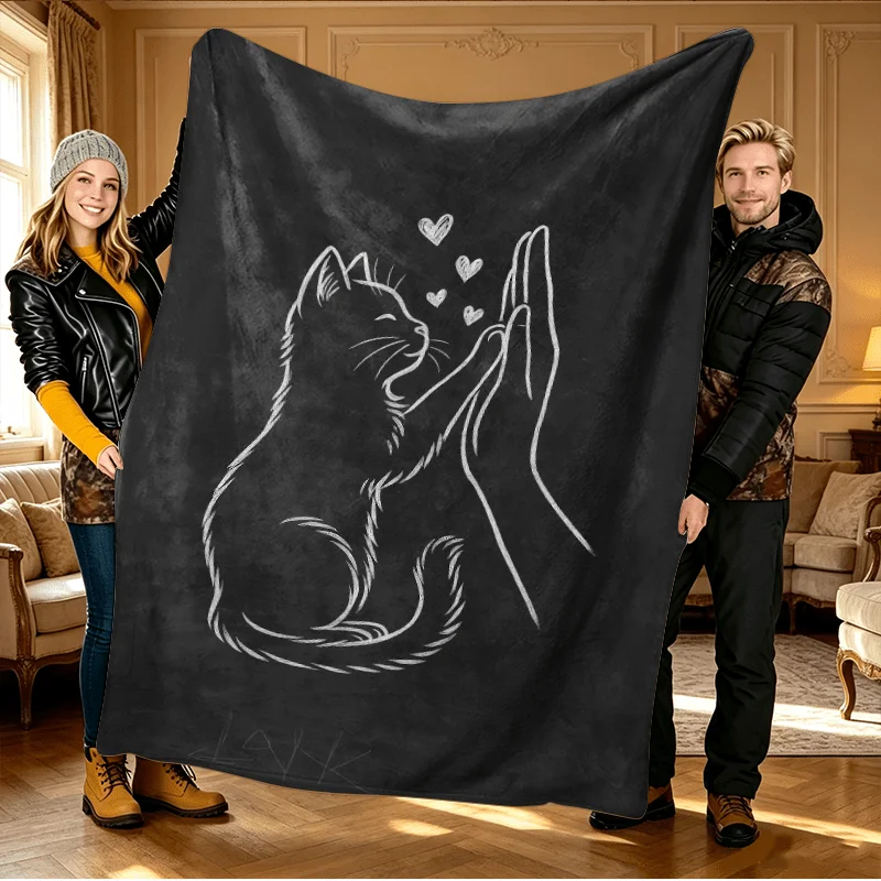 Cute Cat and Heart Hands Drawing Black Throw Blanket Cozy Pet Lover Gift for Home Decor 150x200cm