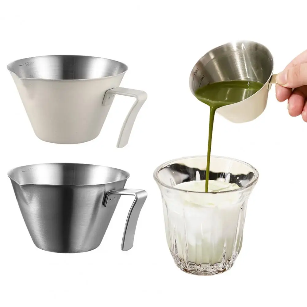 Copo de café de aço inoxidável conjunto de copo de medição de café expresso de aço inoxidável com alça curvada bico em forma de v para café expresso