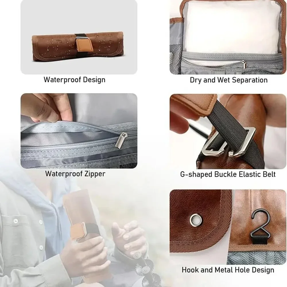 Travel Toiletry Bag for men, PU Leather Water Resistant  Universal Personal Hygiene Bag Roll Up Dopp Kit,Travel Essentials