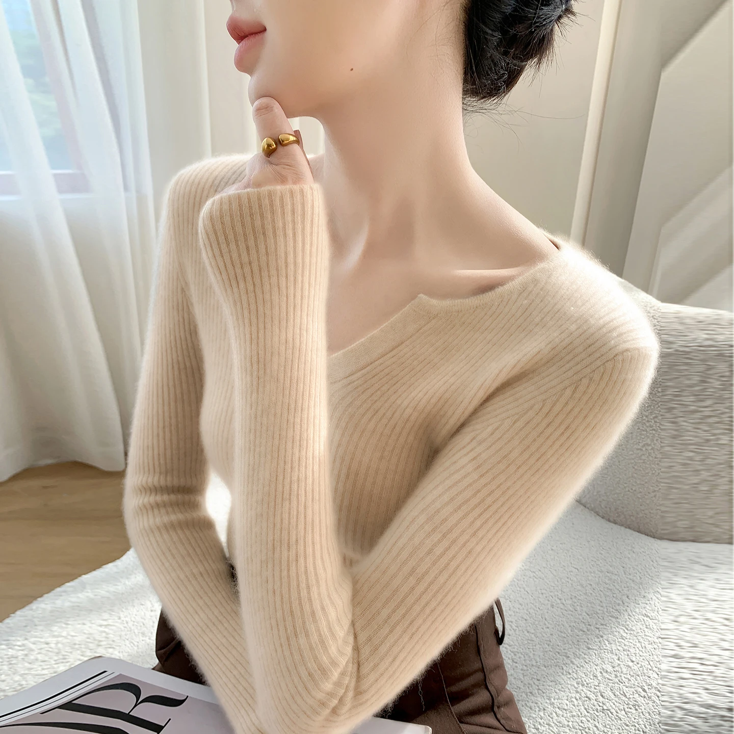 خريف/شتاء جديد المرأة 100% الكشمير الخالص البلوز عادية بلون محبوك سترة سليم صالح الخامس الرقبة القمم الأساسية البلوز #4